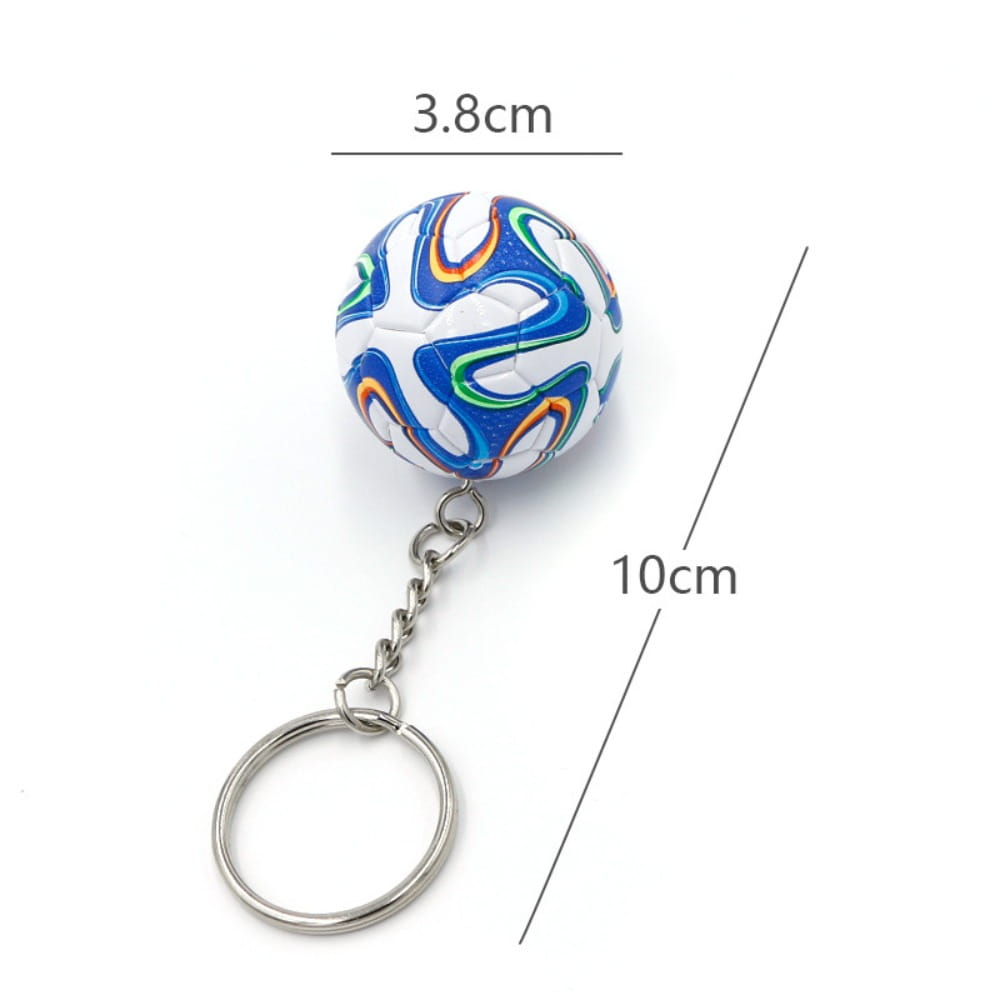 Leather football keychain sports souvenir pendant featuring a miniature soccer ball design with a white base, vibrant blue and green swirling patterns, and orange trim on each panel.
