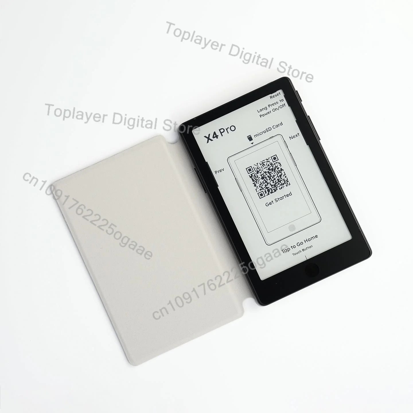 black x4 pro e-reader with a sleek rectangular design and a white protective case beside it shown with the official original magnetic charging dock for xteink x4 pro.