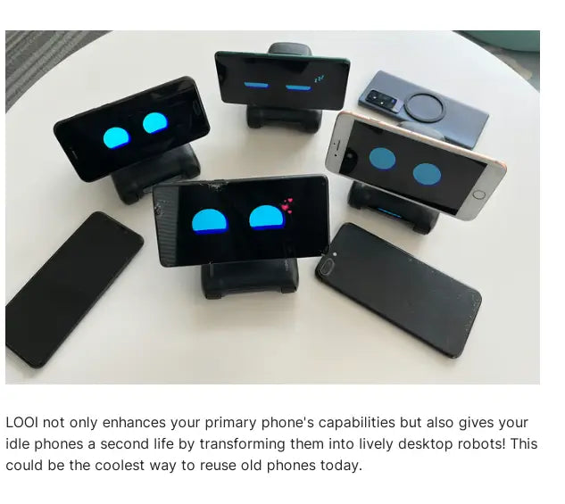 Smartphone noir du robot intelligent Looi AI avec des yeux bleus lumineux, présenté sur un support, avec télécommande et batterie au lithium.