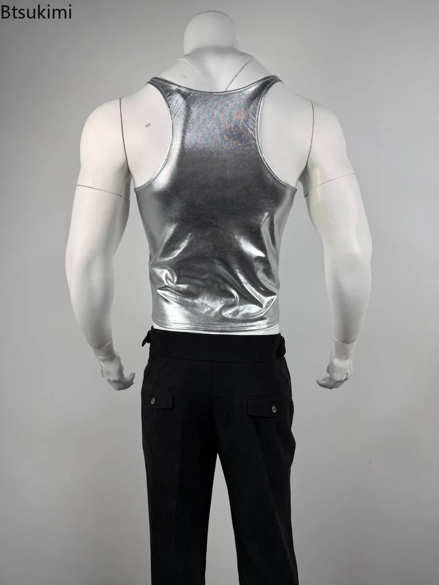 Men's Streetwear Vintage Shiny Tank Tops Fashionable Slim Fit Stretch Crop Camisoles Men Summer Casual Sleeveless U Neck Vests