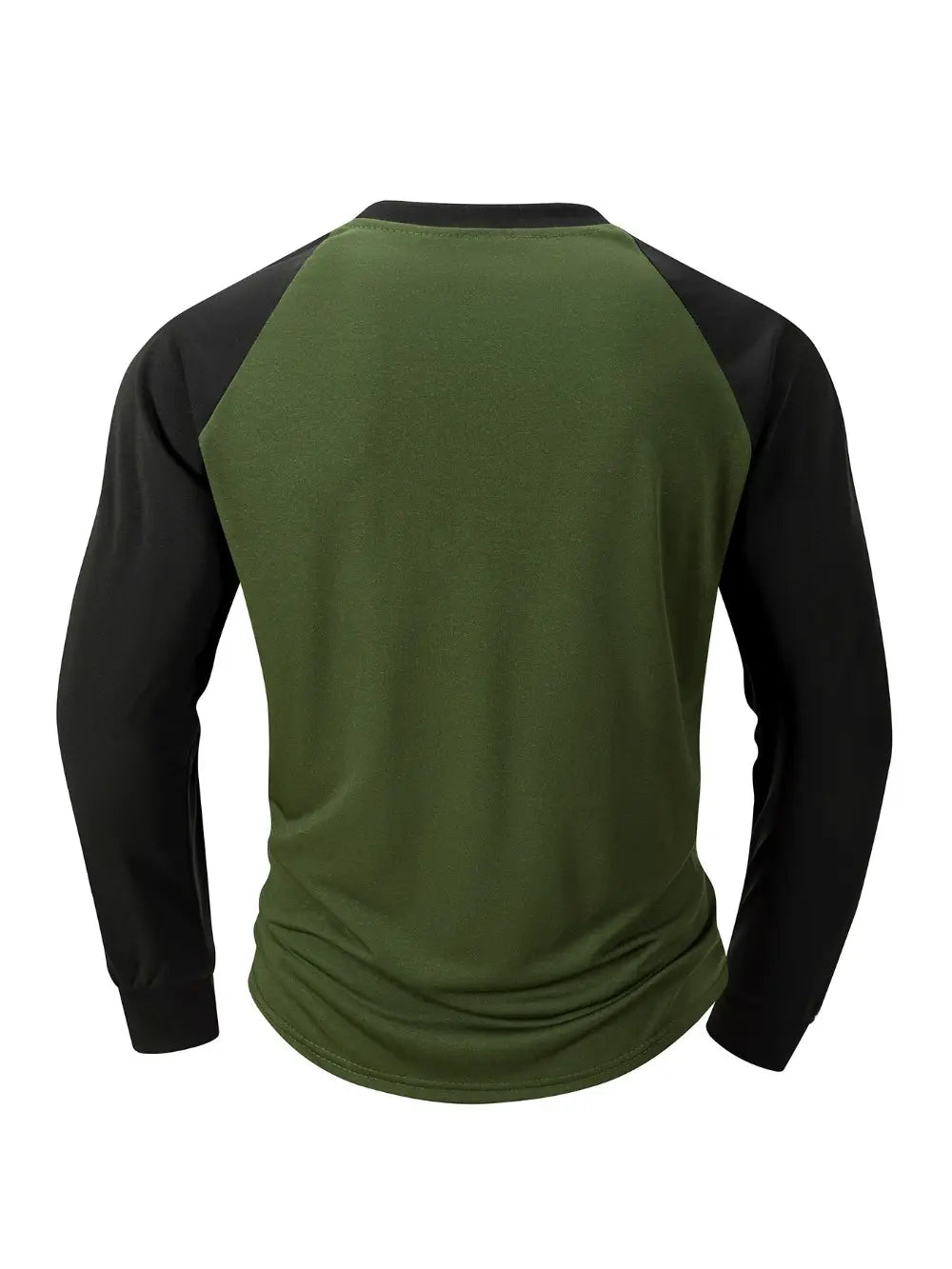 Herren-Raglanshirt mit langem Ärmel in Olivgrün und Schwarz mit geripptem Rundhalsausschnitt und Baumwollmischgewebe.