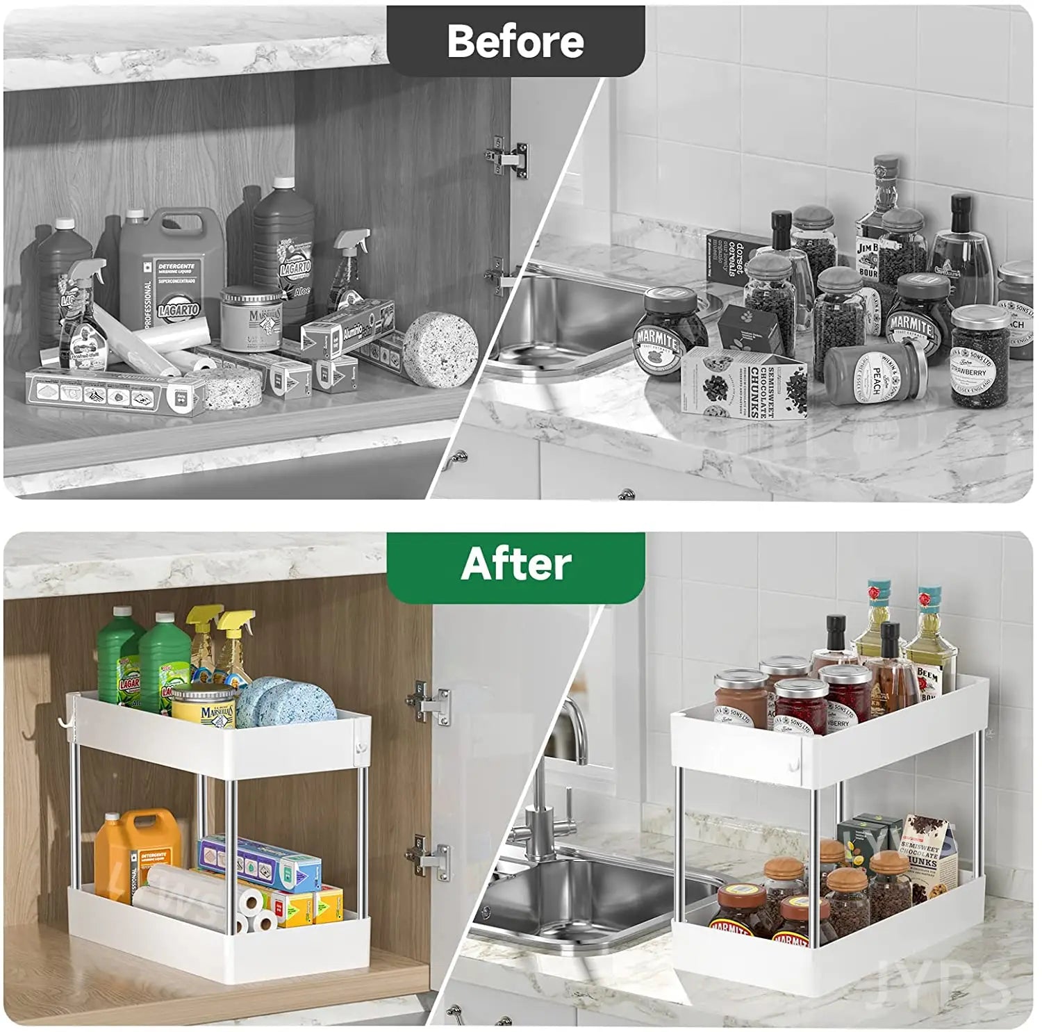 Organisateur d’évier rotatif à deux niveaux de couleur blanche, rangement sur deux étages, conçu pour le rangement de placard de cuisine et de salle de bain, avec une construction robuste.
