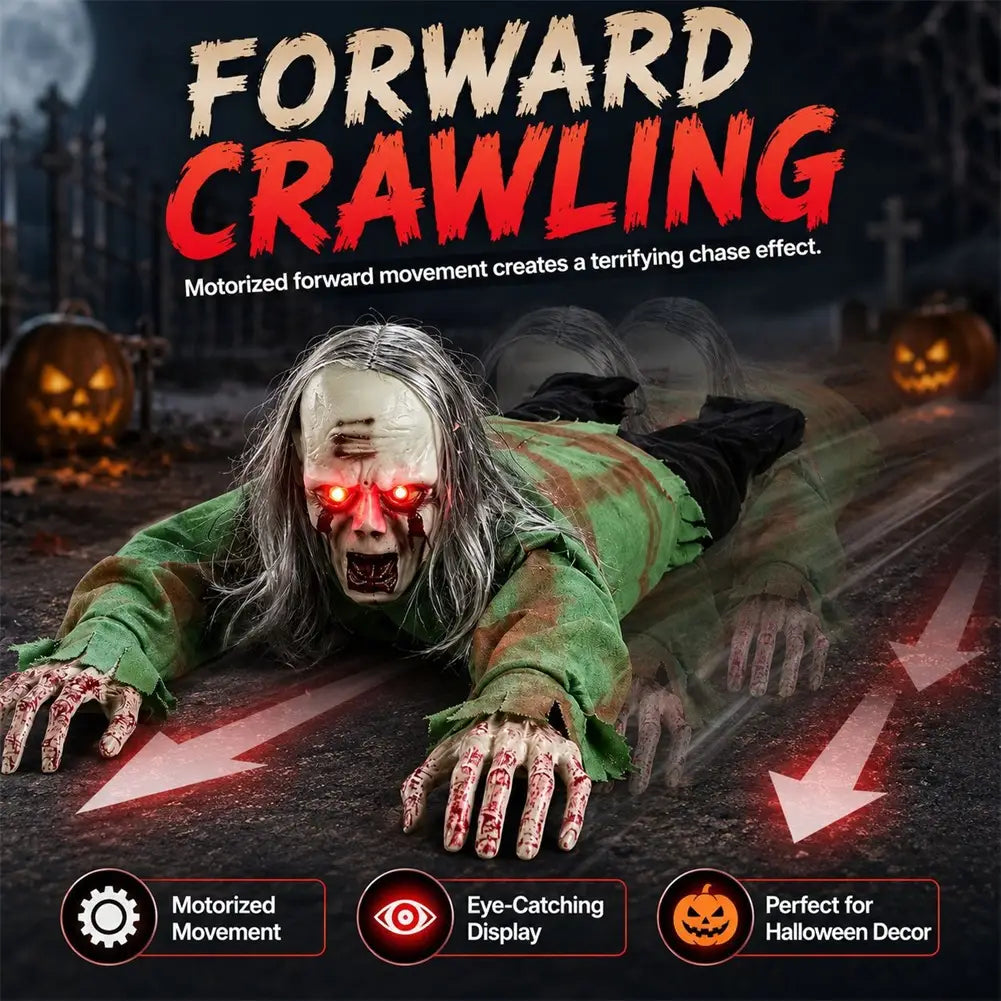 Ein animiertes kriechendes Zombie-Halloween-Prop mit Sound und Lichtern, mit leuchtenden roten Augen, grau-weißem Haar und einem grünen zerrissenen Outfit, das für eine unheimliche Dekoration nach vorne kriecht.