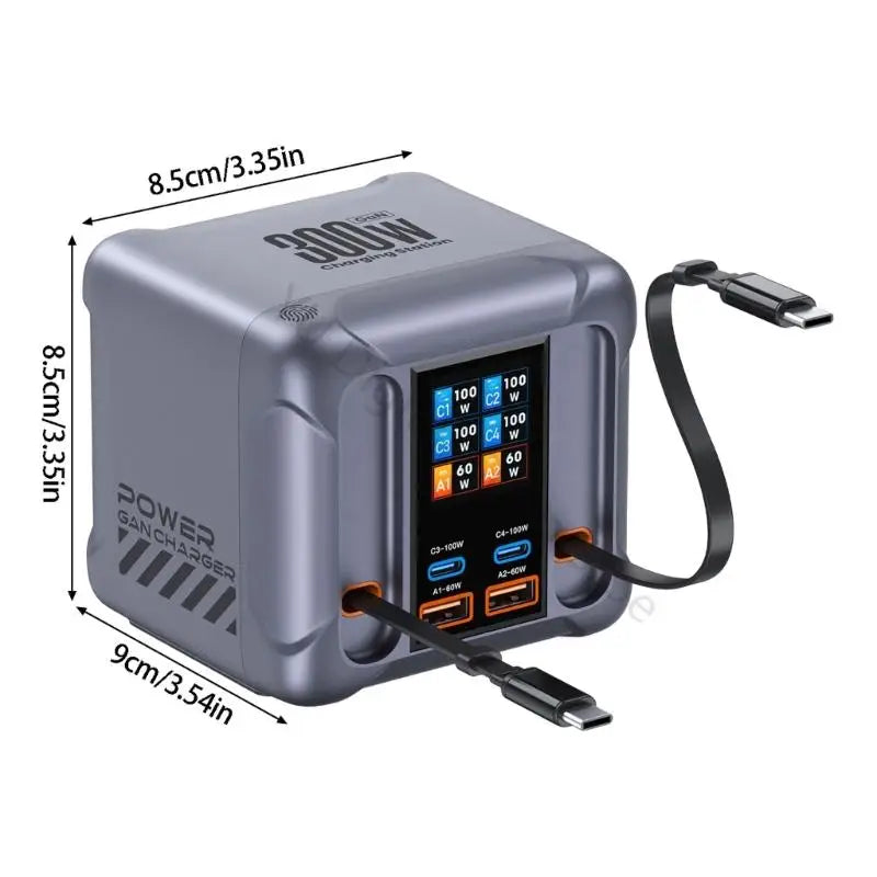 96BA EU Plug 300W Charging Hub 6 Port Retractable USB C Cable Charging Station