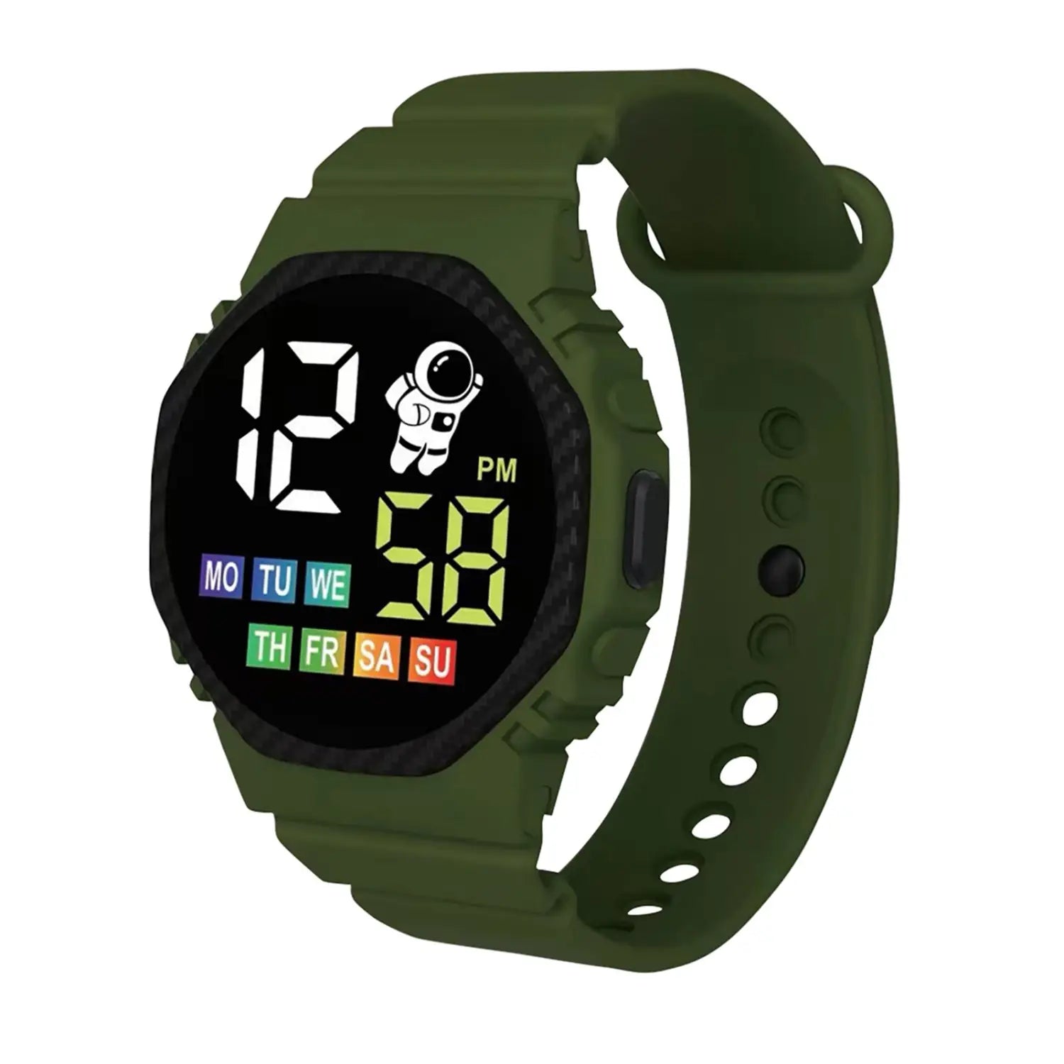 Olive green kids waterproof led digital astronaut watch with a rugged sporty design featuring an astronaut graphic on the display and colorful day of week indicators.