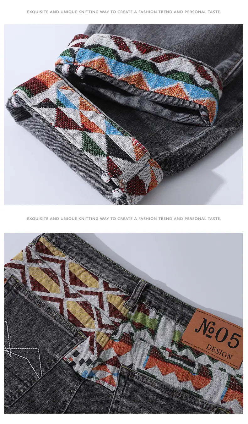 Dark-wash denim jeans featuring a vibrant multicolored geometric patterned cuff and back pocket trim shown from the back side.