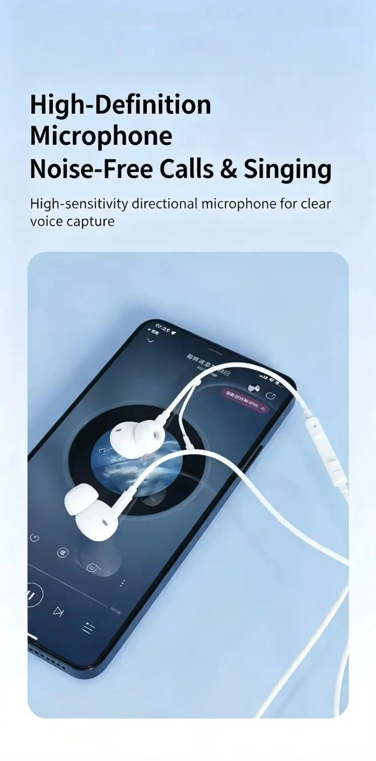 Weiße kabelgebundene In-Ear-Kopfhörer mit Mikrofon und tiefem Bass mit elegantem minimalistischem Design sowie weichen Silikon-Ohrstöpseln für digitale HD-Audioqualität.