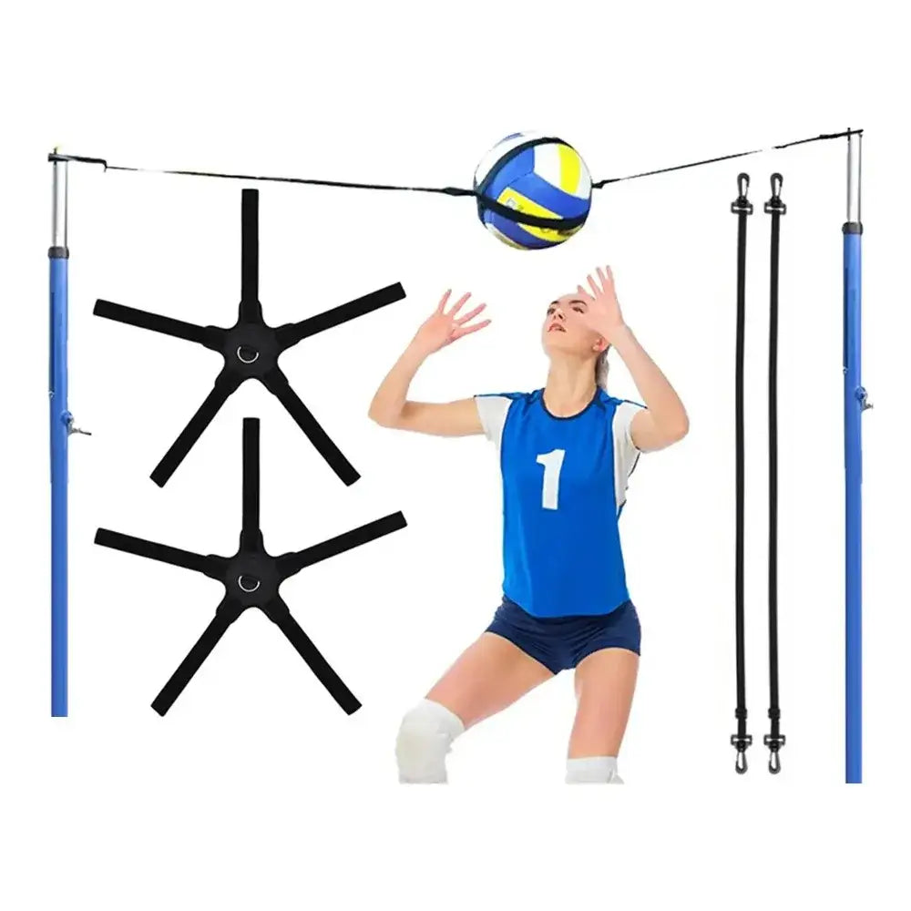 Solo volleyball training aid with adjustable elastic belt featuring a blue and yellow volleyball suspended in mid-air above a player’s outstretched hands.