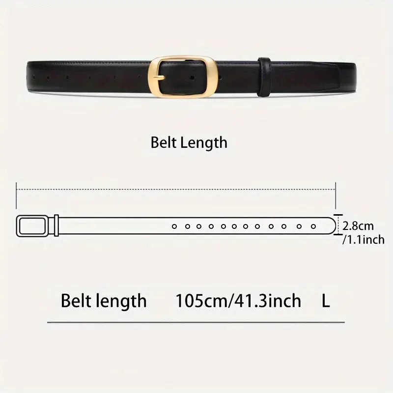 Ceinture pour femmes en cuir noir avec boucle rectangulaire à tons dorés, adaptée comme sangle pour jean.