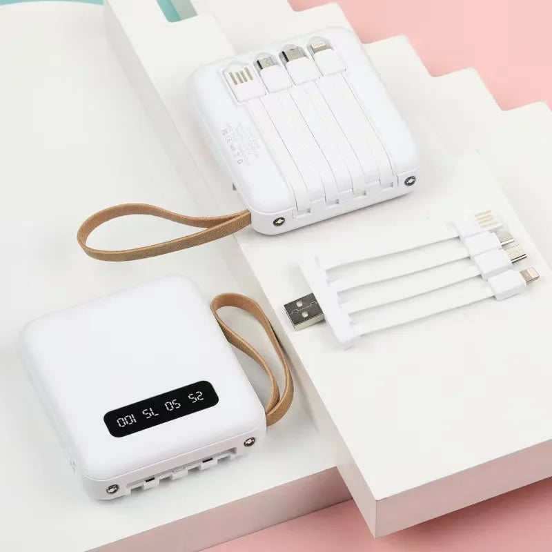 Portable 20W Power Bank Built-in 4 Cables Digital Display Mini External Battery with Lanyard Travel Charger for IPhone Huawei