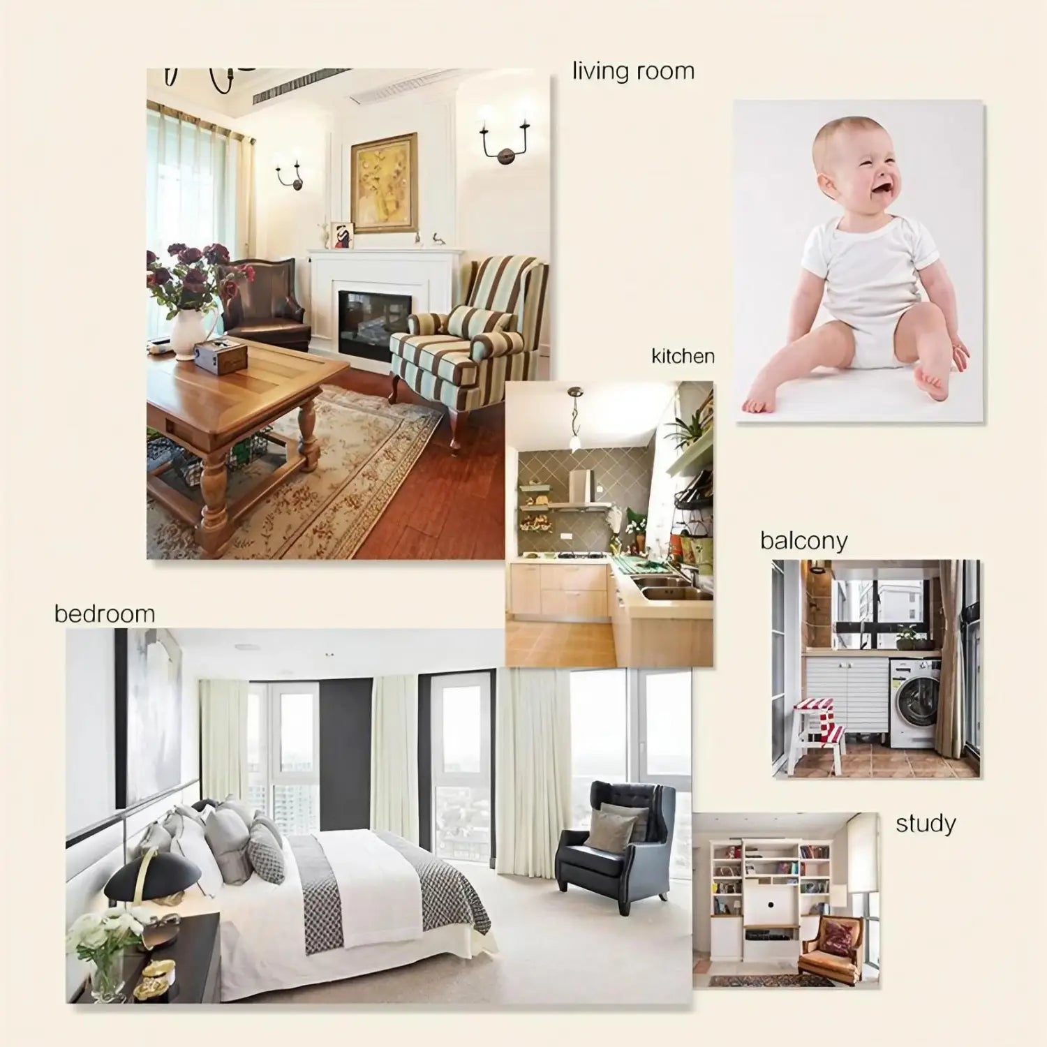 a collage of interior design photos featuring a child safety bumper strip thick l shape guard designed to protect sharp edges and corners.