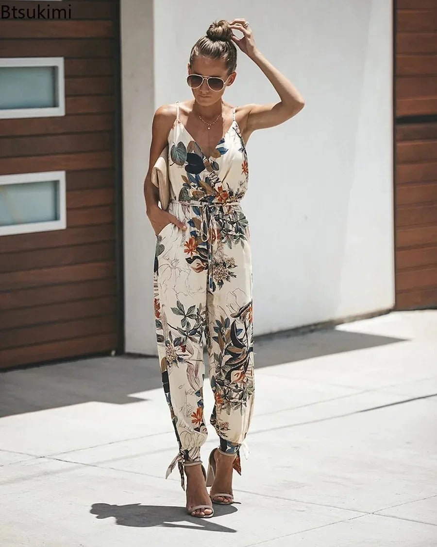 New Summer Jumpsuits Women's Sexy Sleeveless Sling Rompers Boho Style Floral Print Wide Leg Rompers Elegant Strap Overalls Femme