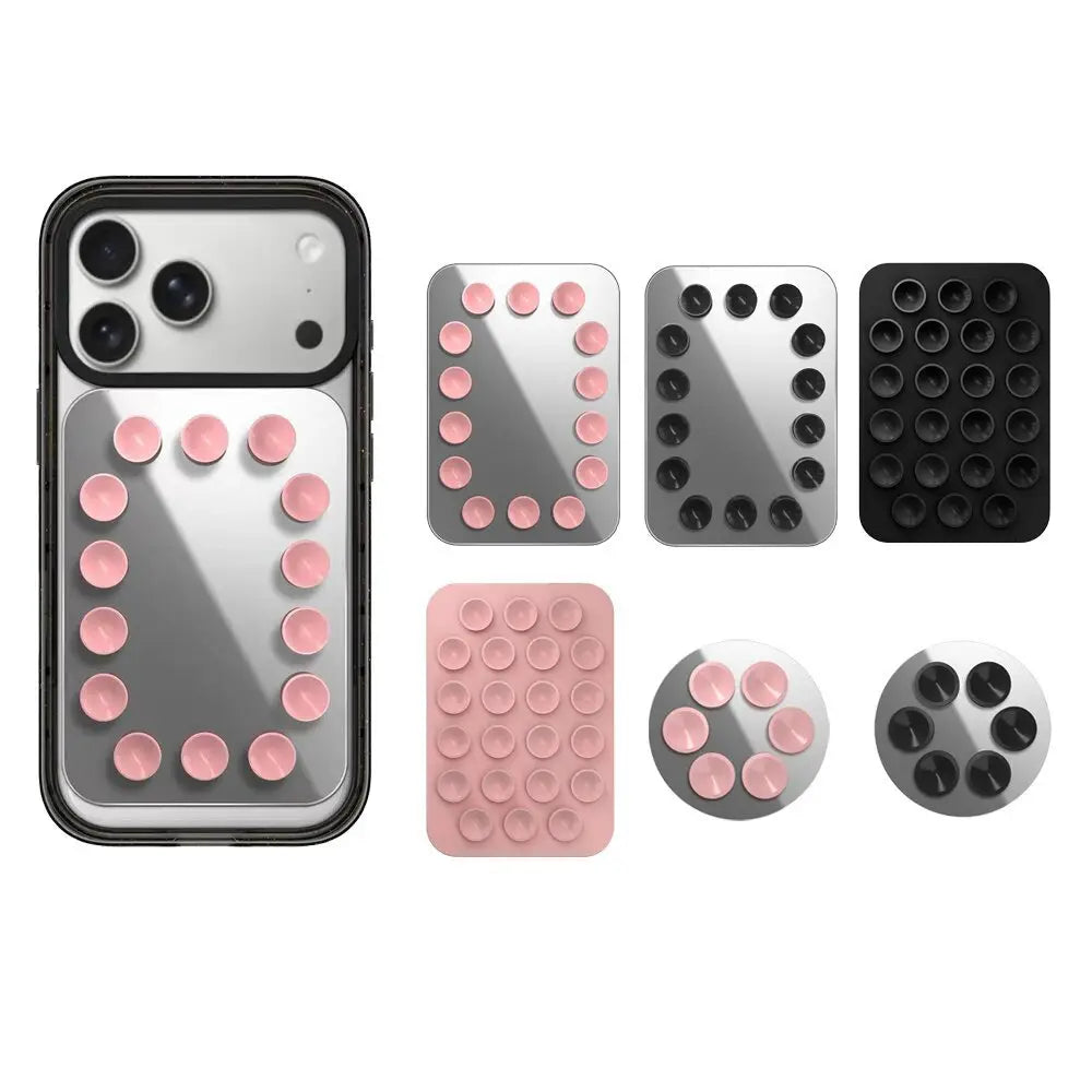 Une coque de téléphone transparente et élégante avec un cadre noir et des accessoires de fixation à ventouse rose pour une prise sûre, présentée depuis l’arrière du support de téléphone magnétique à ventouse pour iPhone Pro Max.