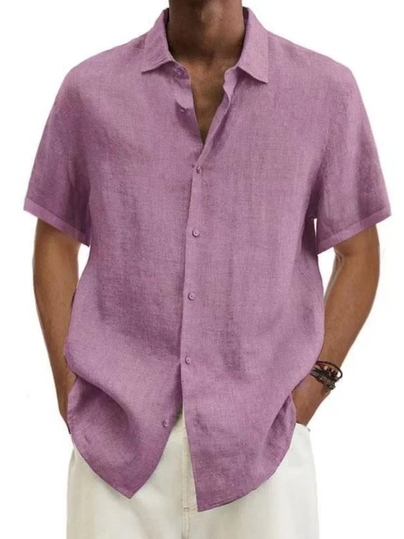 A soft lavender men’s linen blend casual short sleeve shirt with a classic collar and button-down front.