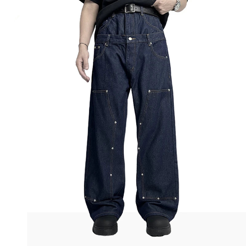 New Men Raw Denim Wide Leg Jeans Double Layer Waist Rivet Carpenter Pants Loose Straight Leg Dark Blue Casual Baggy Bottoms