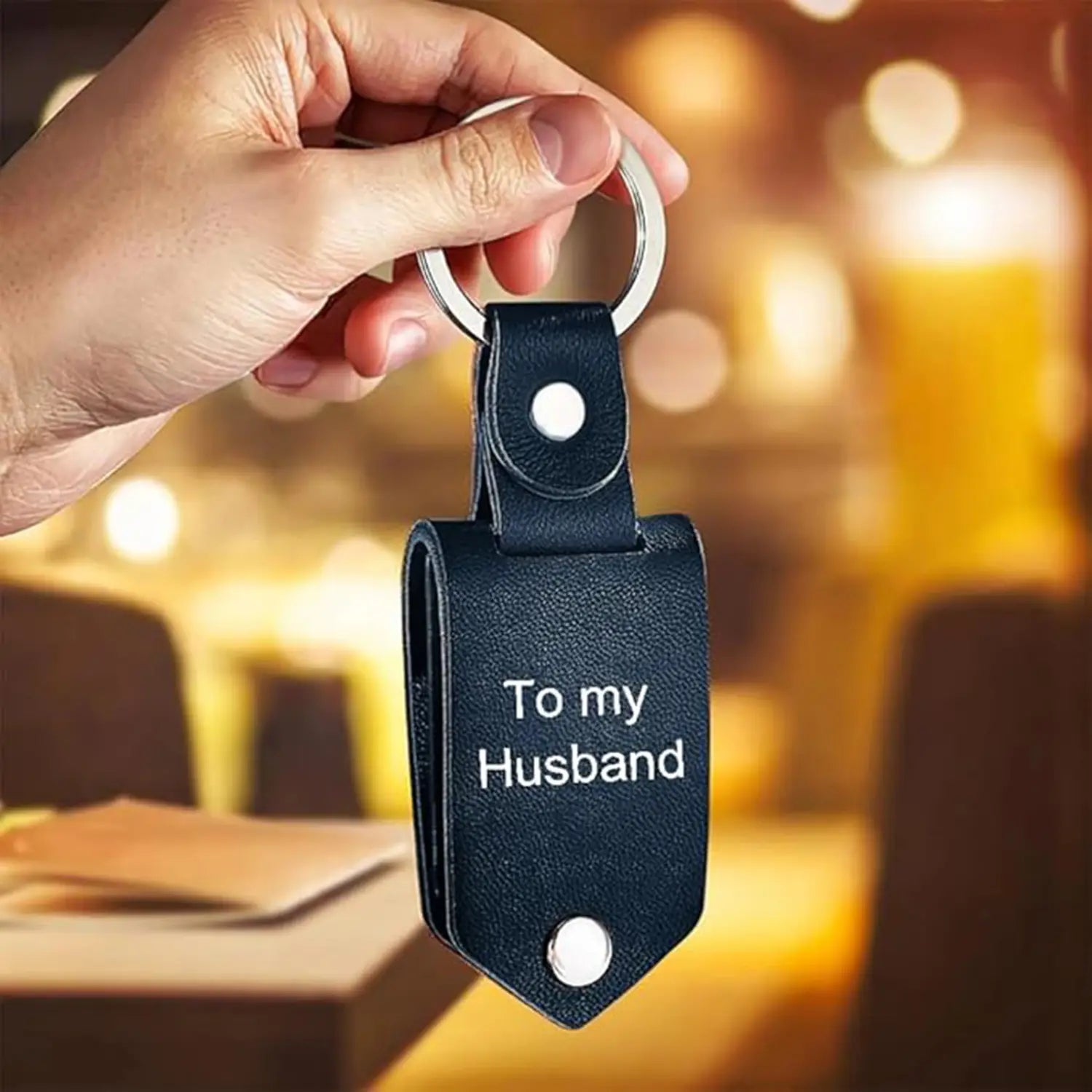 Black leather custom photo keychain personalized picture gift with to my husband engraved in white.