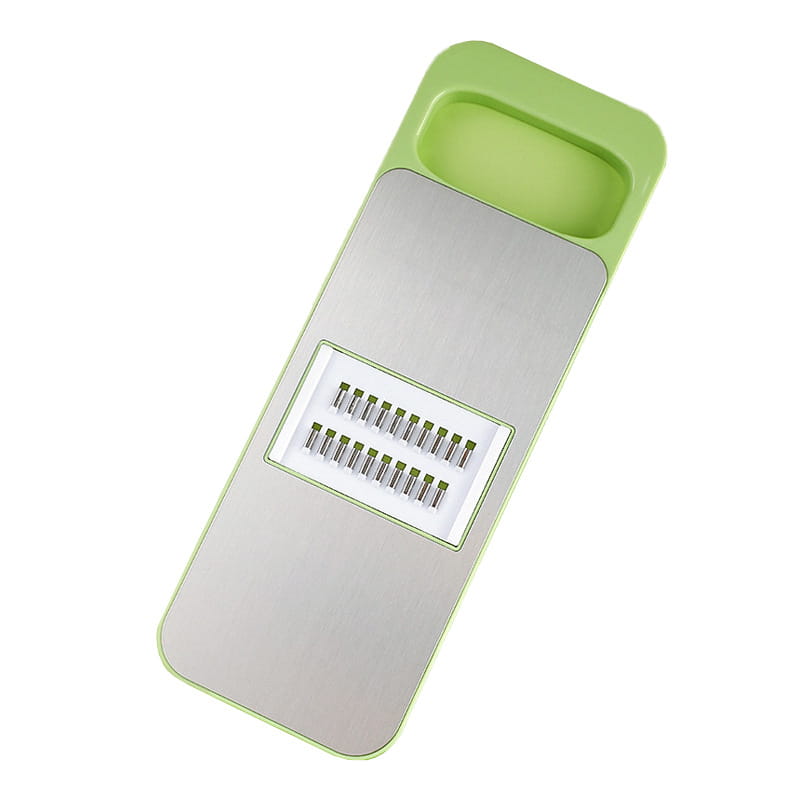 Multi-functional stainless steel vegetable slicer shredder with green handle and multiple grating settings for versatile food preparation.