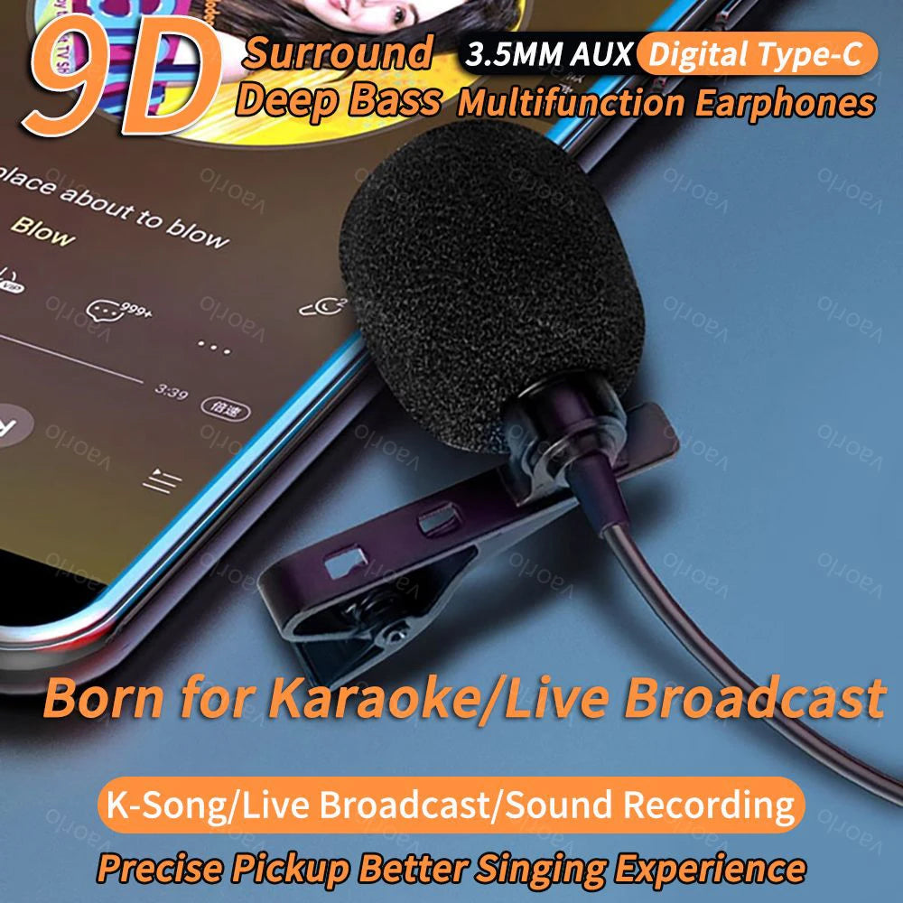 2Meters Live Streaming Karaoke Wired Earphones 9D HiFi Heavy Bass Dual Mic Headsets 3.5mm AUX/Type-C Digital Chip In-Ear Earbuds