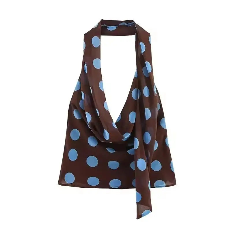 Chic Summer Outfits Women's Polka Dot Midi Skirt Set with Scarf Halter Design