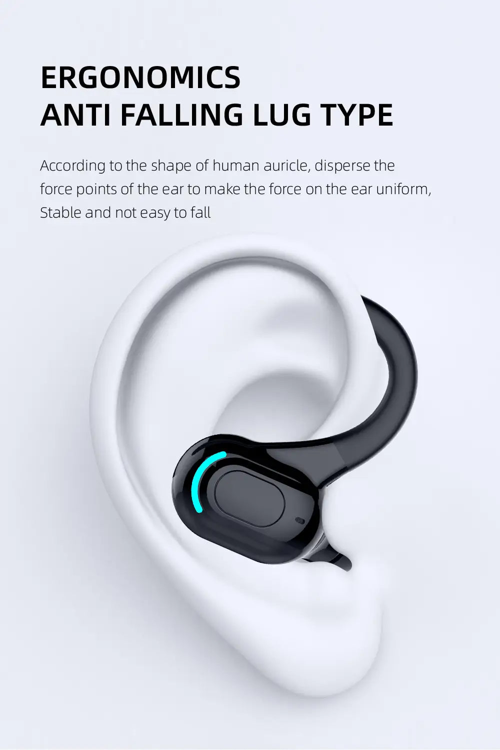 Black wireless ear hook sport earbud Bluetooth 5.2 with curved anti-falling lug design and glowing teal accent light.