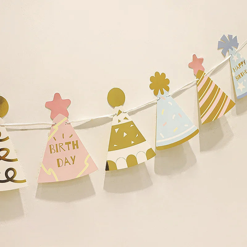 Baby Shower Birthday Hat Flags Children's Day Happy Birthday Party Decorations Photo Props Bunting Banners Fashion Paper Garland