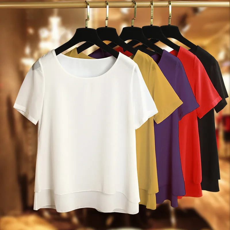 Fashion Women Chiffon Blouses Ladies Tops Short Sleeve O Neck Shirt Blusas Femininas Female Work Shirts Blusas Mujer De Moda