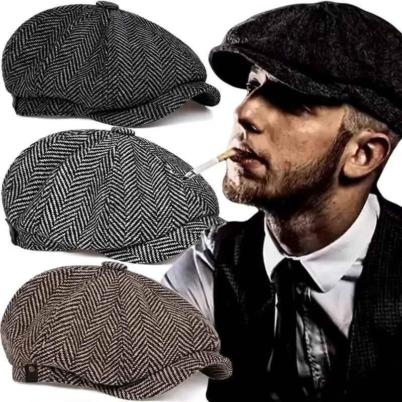 drei Schiebermützen aus Fischgrät-Tweed in Schwarz-Grau- und Brauntönen mit einem Vintage-Peaky-Blinders-Berettdesign