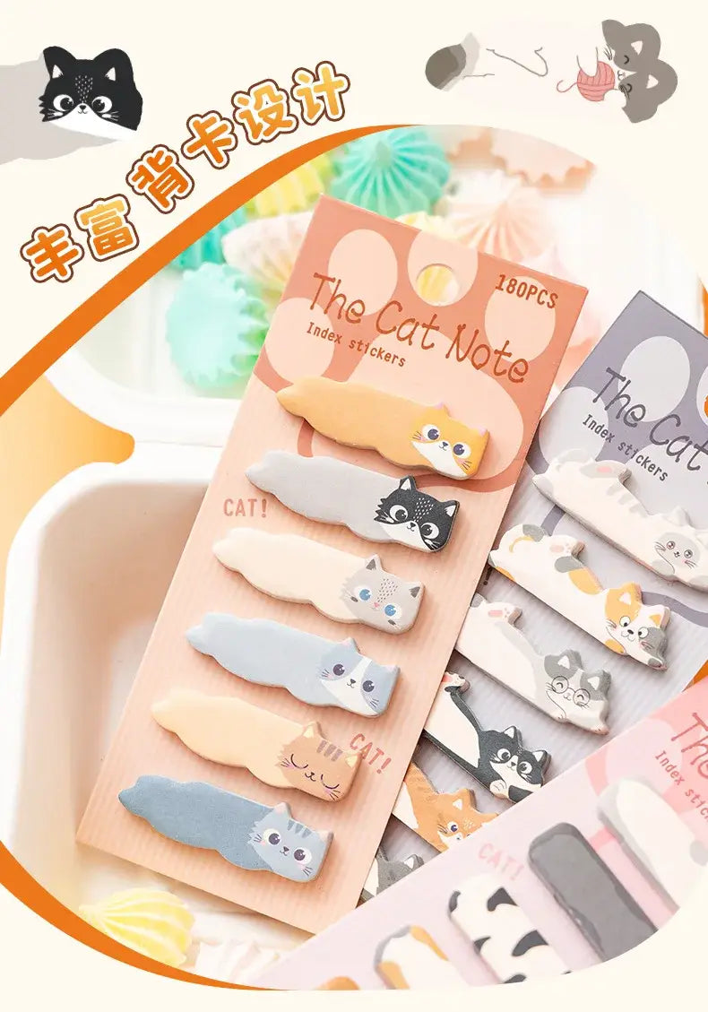 Pastellfarbene, katzenförmige Indexaufkleber mit einem verspielten Cartoon-Design aus dem Katzenhaftnotizen-Memo-Pad-Set zum Organisieren und Markieren von Seiten.