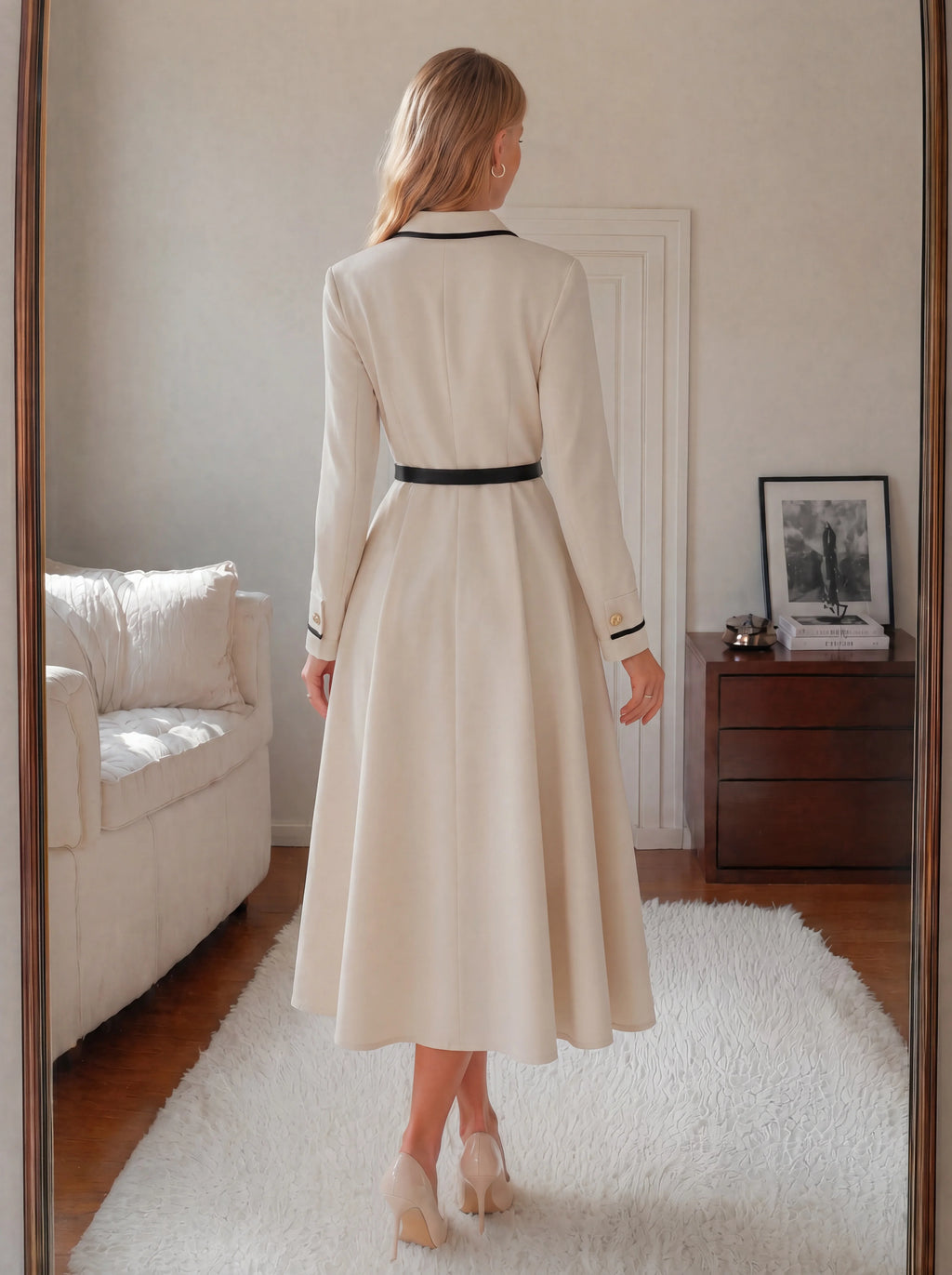 Women Blazer Dress Lapel Collar Long Sleeve Double Breasted Belted A-Line Midi Dress Office Wear