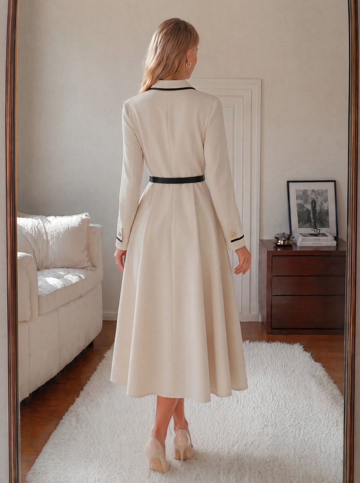 Women Blazer Dress Lapel Collar Long Sleeve Double Breasted Belted A-Line Midi Dress Office Wear
