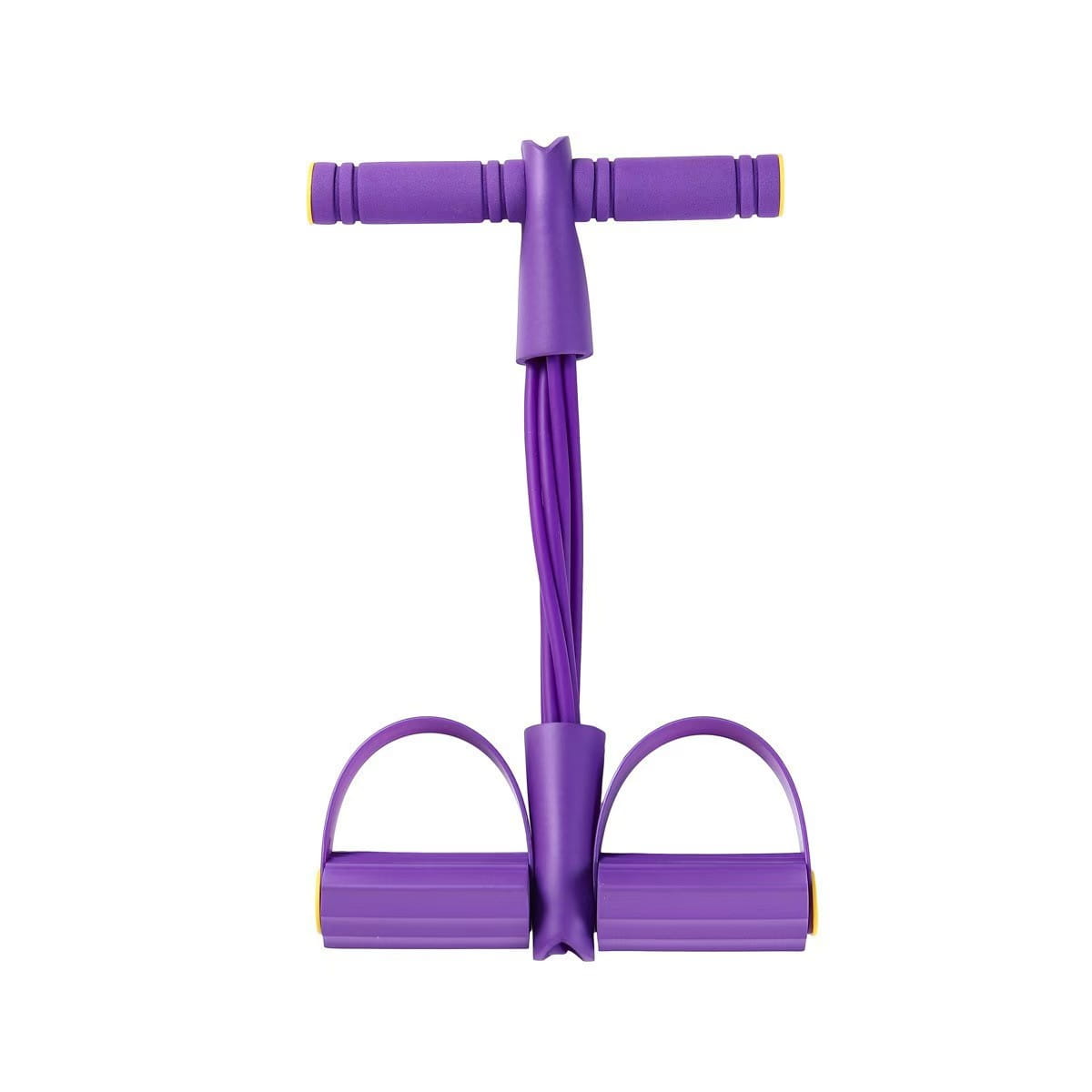 Purple 6-tube pedal resistance band fitness equipment with textured grip handles and foot loops for exercise and strength training.
