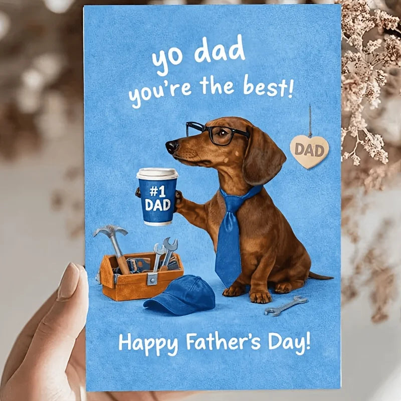 1 Fun Father's Day Greeting Card with a Red Envelope, Featuring a Long Dog Wearing Glasses and a Tie Holding a Number 1, with a Coffee Cup and Tools on the Side, with the Text "Yo Dad You'Re the Best," Perfect for Dad, a Cute