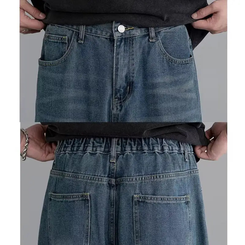 Herren schwarze Wide-Leg-Denim-Jeans in blauem Denim mit entspannter Passform und klassischen Vordertaschen.