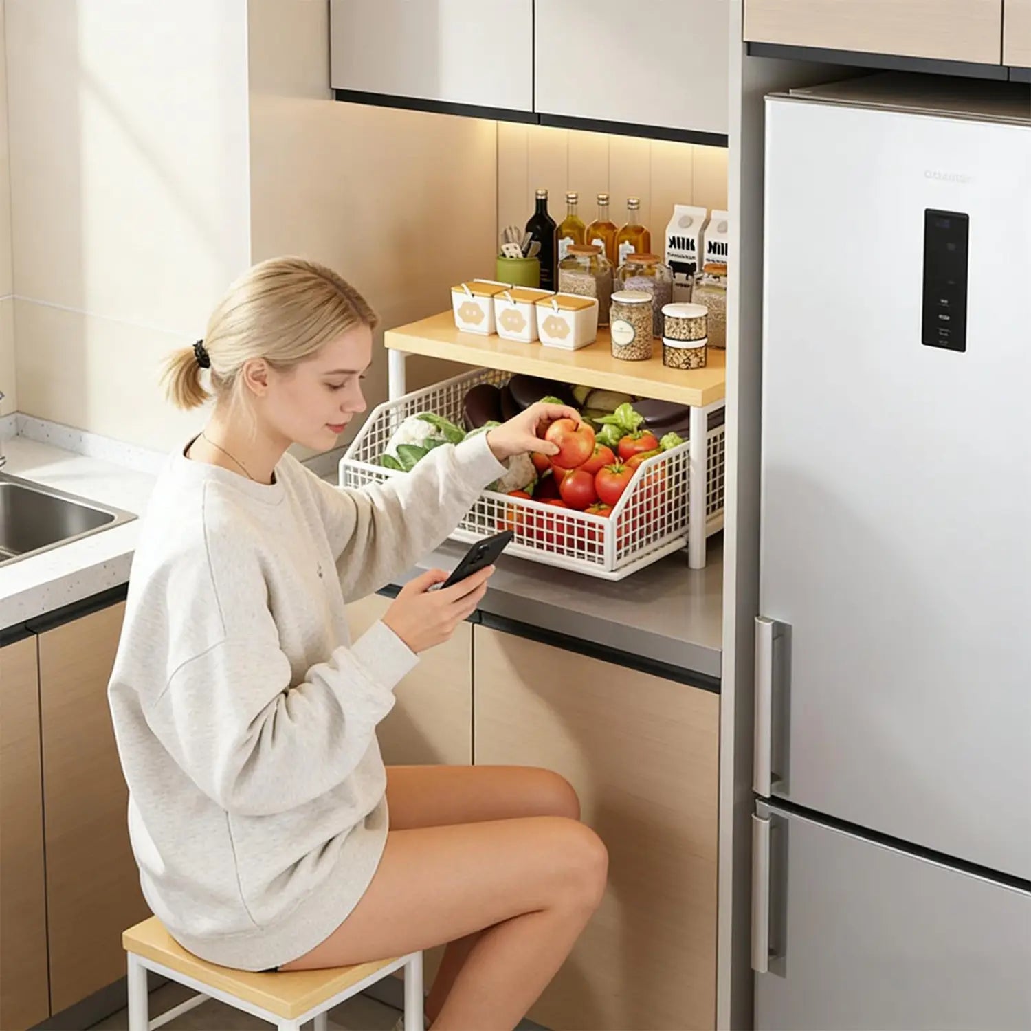 木製天板の棚を備えた白いプラスチック製ワイヤーバスケットのキッチンカウンタートップ整理オーガナイザー（ダブルティア）。新鮮な野菜およびスパイスの瓶をのせて、キッチン収納用に設計されています。