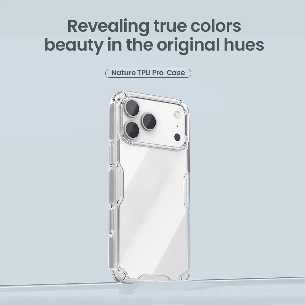 Clear TPU phone case with reinforced edges and precise camera cutout shown from the back side for iPhone 17 series in the Nillkin Nature TPU Pro collection.