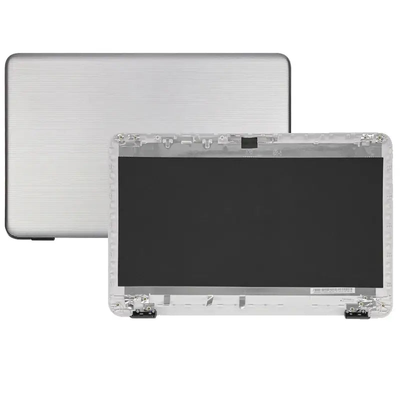 Austausch der Scharniere der LCD-Rückabdeckung für „Hp 17-x“: Darstellung einer silbernen Laptop-Displaybaugruppe mit gebürsteter Metalloberfläche und transparenter Einfassung.