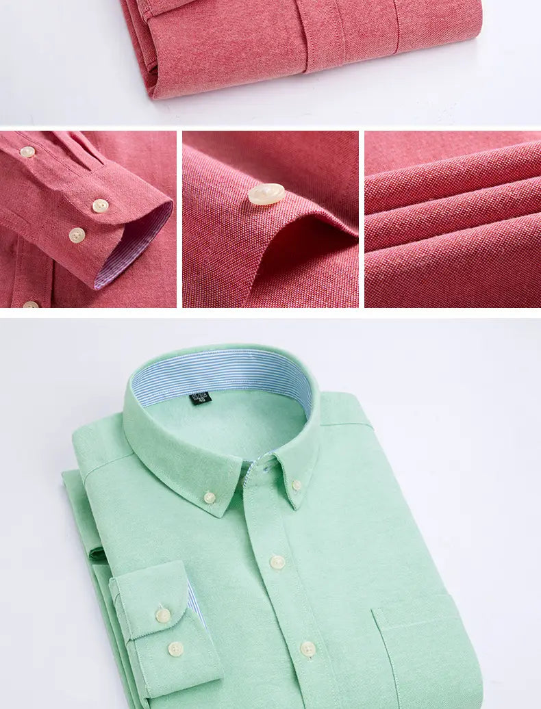 Mens light blue Oxford shirt casual long sleeve featuring a neatly folded mint green button-down design with a subtle textured weave and contrasting light blue striped inner collar lining.