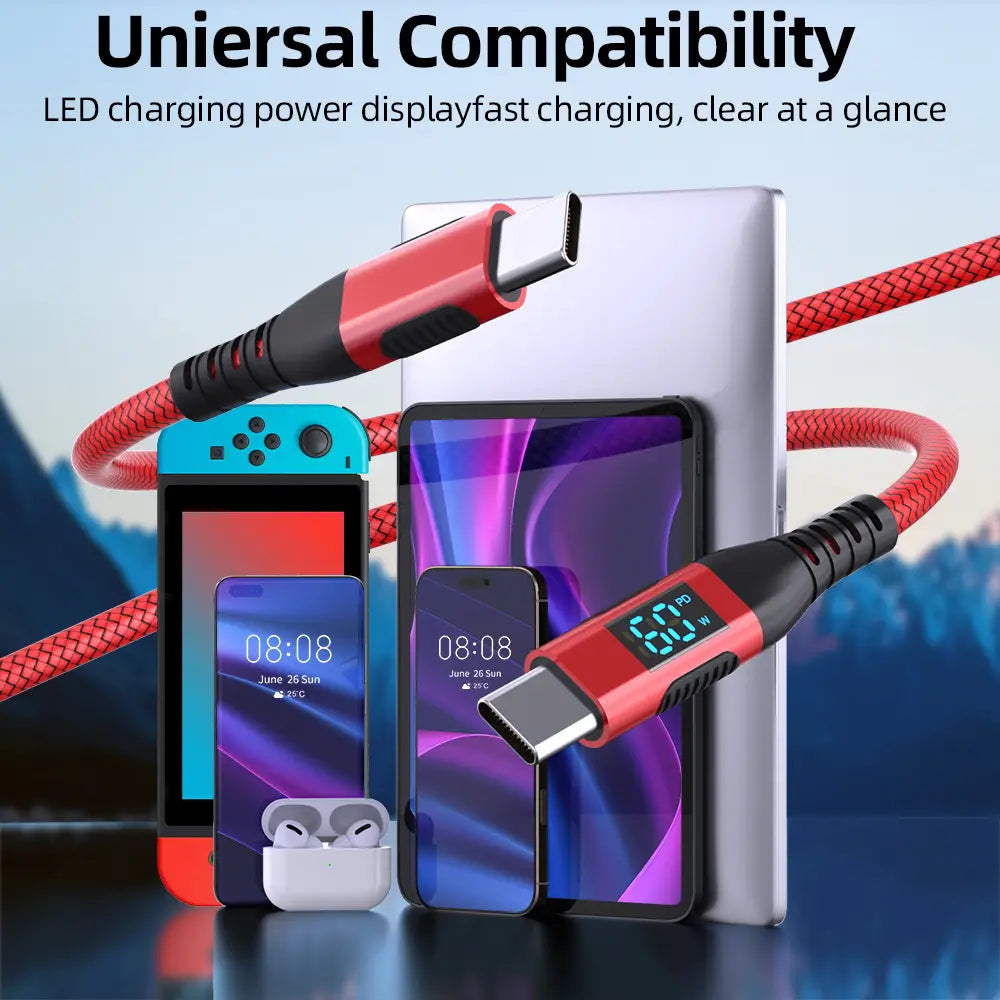 Red and black braided usb-c fast charging cable with led digital display for power and data transfer.
