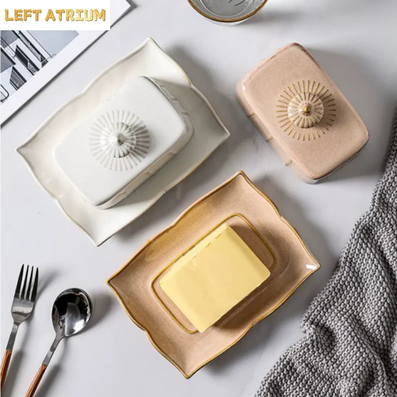 Ceramics Tableware Butter Box with Lid Butter Dish Cheese Plate Dinner Plate Baking Butter Pan Dim Sum Dish Cake Pan Snack Tray