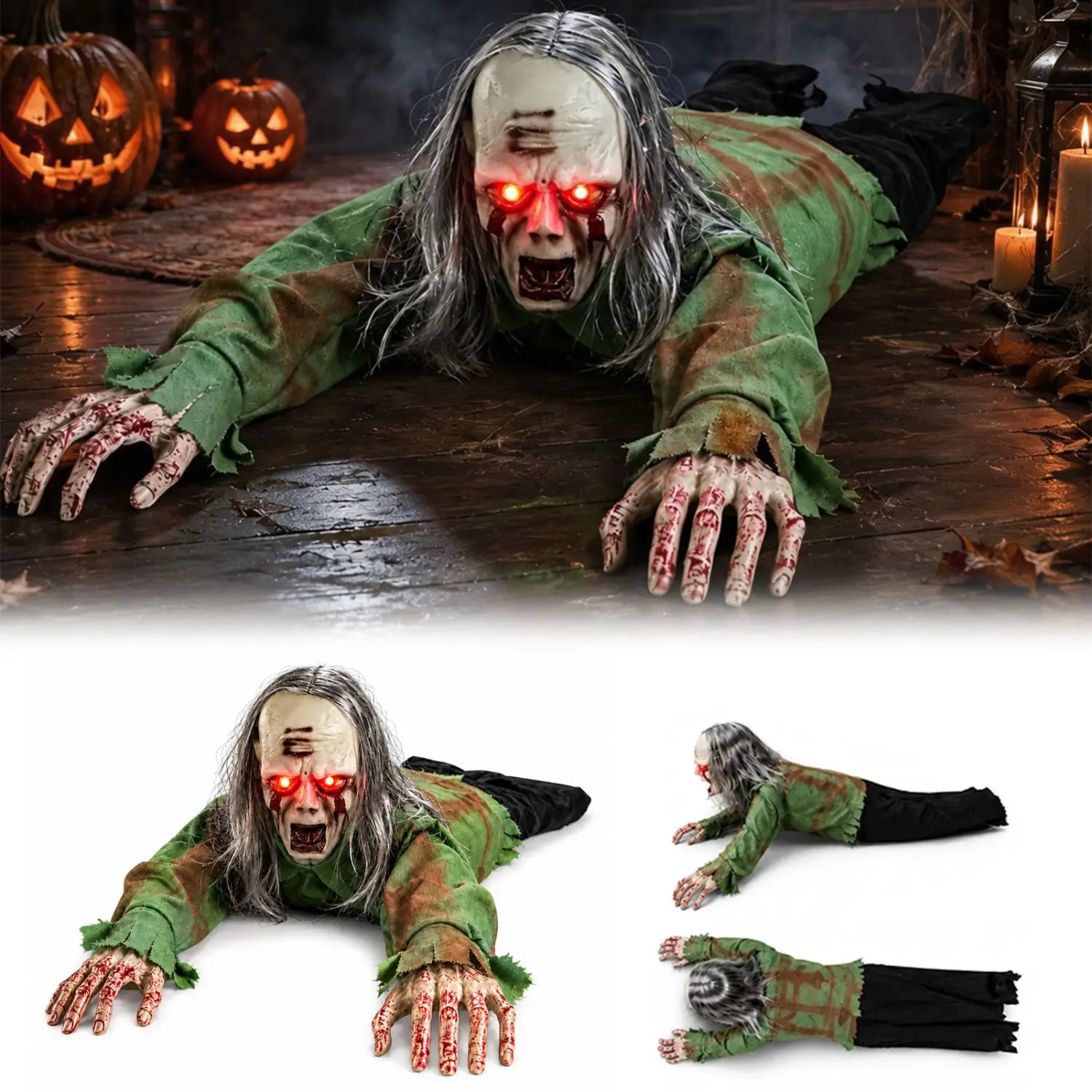 animiertes kriechendes Zombie-Halloween-Prop mit Sound und Lichtern, mit leuchtenden roten Augen, grau-weißem Hautbild und einem zerrissenen grünen Outfit