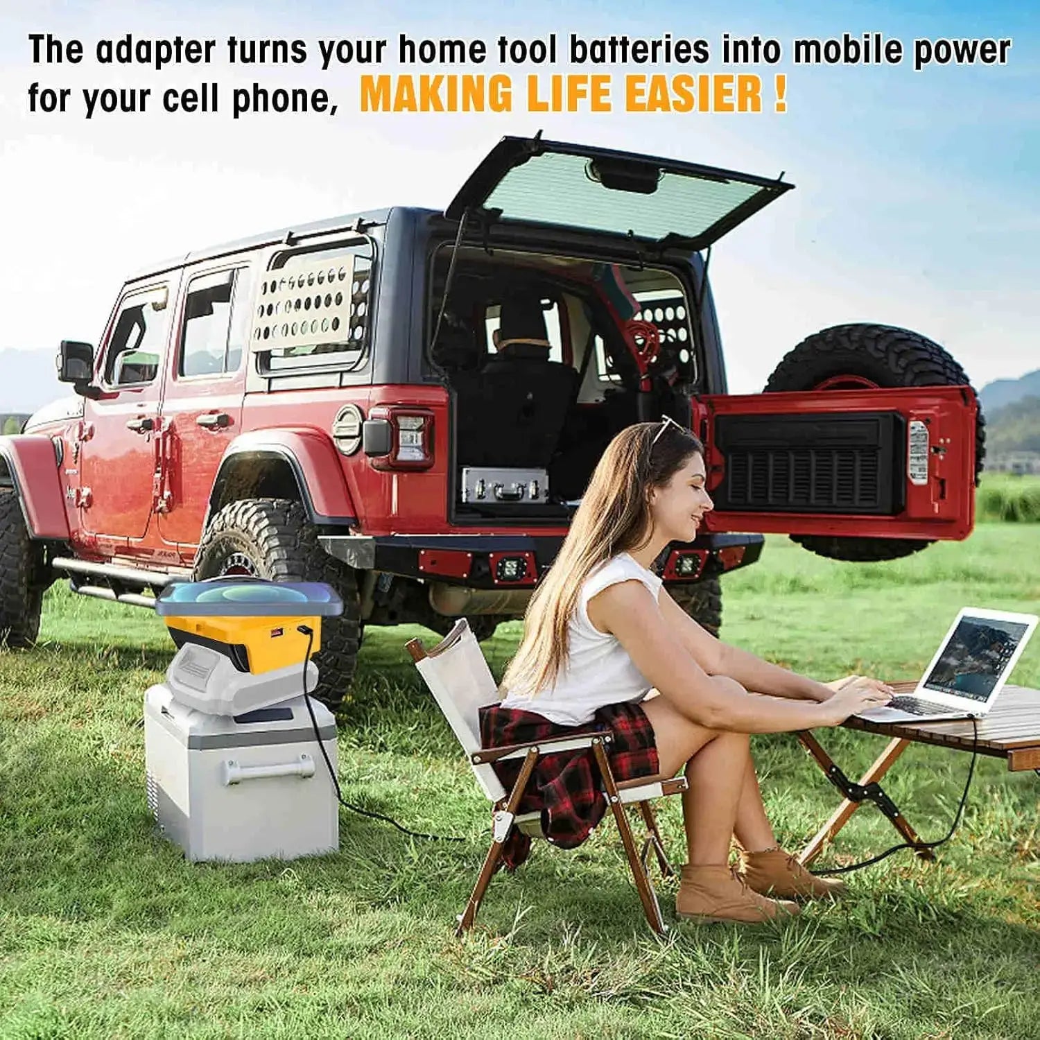 Yellow and gray portable power station with built-in cooler and battery wireless charging adapter for Makita Dewalt Milwaukee.