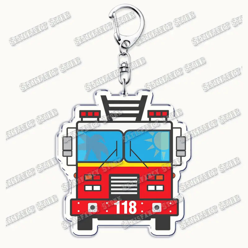Red and yellow acrylic cartoon fire truck keychain with blue windshield featuring a sun and palm tree design black ladder on top and 118 printed in white from the 9-1-1 tv show firefighter gift collection.