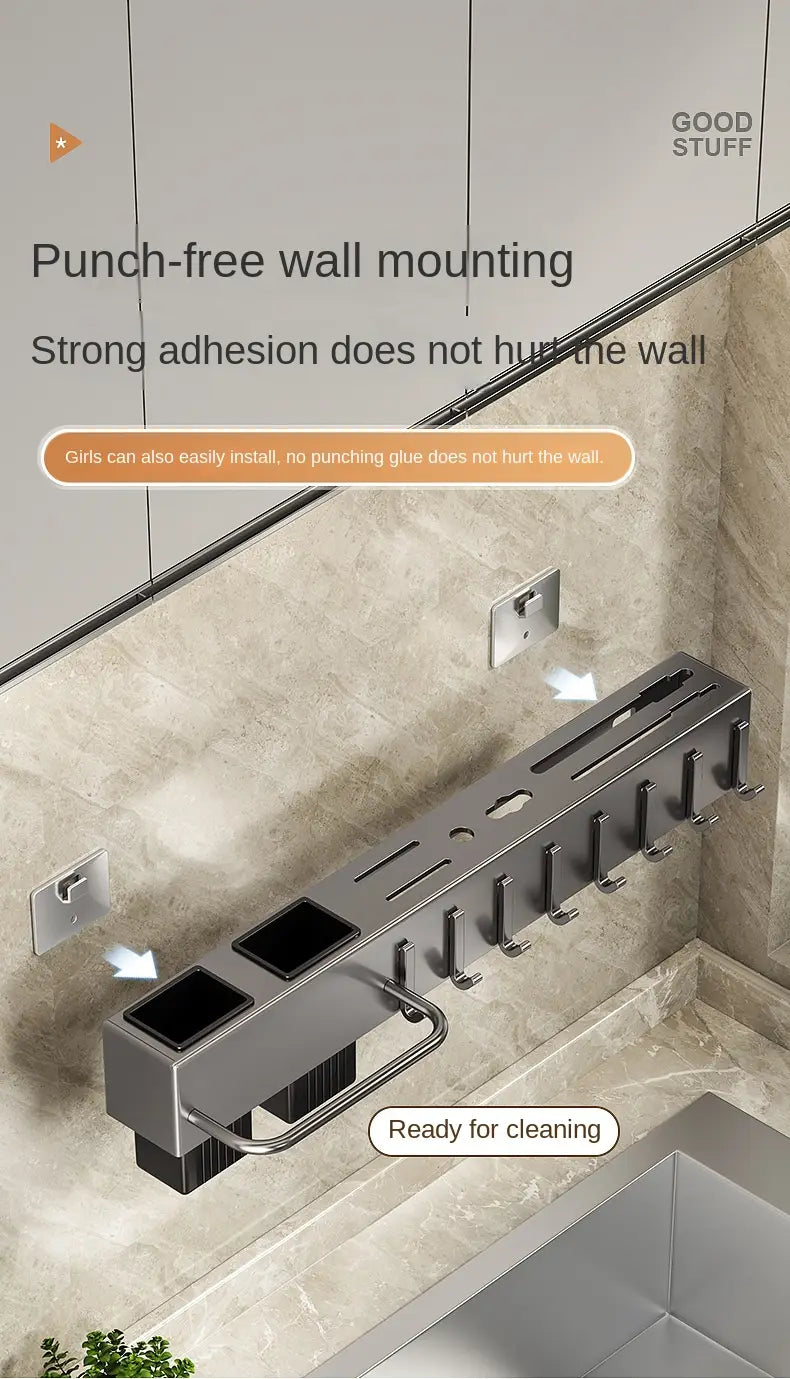 Silver metallic wall-mounted kitchen utensil holder and knife rack with multiple hooks and two built-in compartments for toothbrushes and brushes.