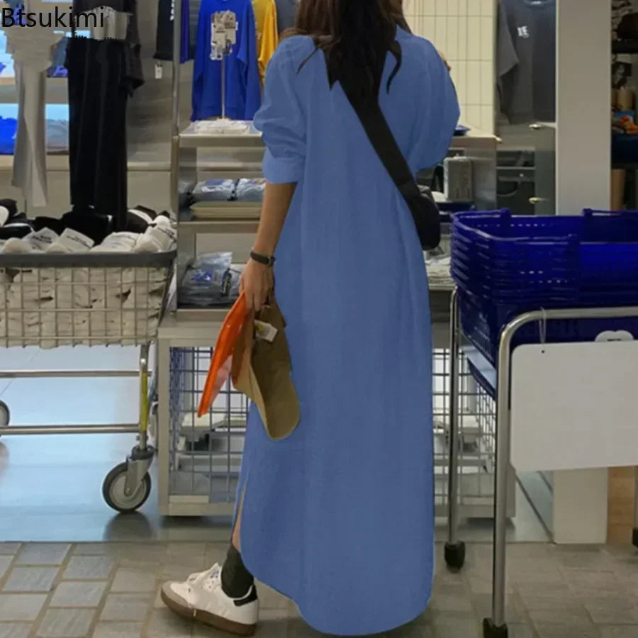 2026 Women's Casual Denim Dress Oversized Korean Vintage Robe Jeans Dress Streetwear Elegant Long Sleeve Solid Maxi Dress Female