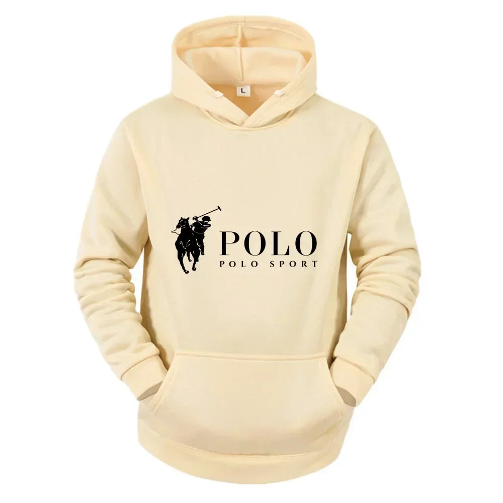 Cream-colored fleece pullover hoodie featuring a black Polo Sport logo with a polo player graphic.