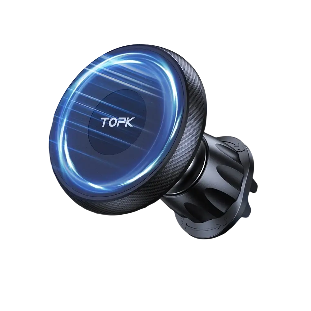 Black carbon fiber-textured magsafe car phone mount with glowing blue light ring and powerful magnetism premium quality