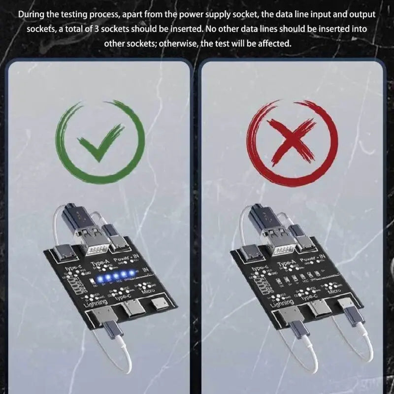 Schwarzer Schaltplattenadapter mit mehreren USB-Anschlüssen und angeschlossenen Kabeln, dargestellt als USB-Kabeltester für Typ-C- und mobile Geräte.