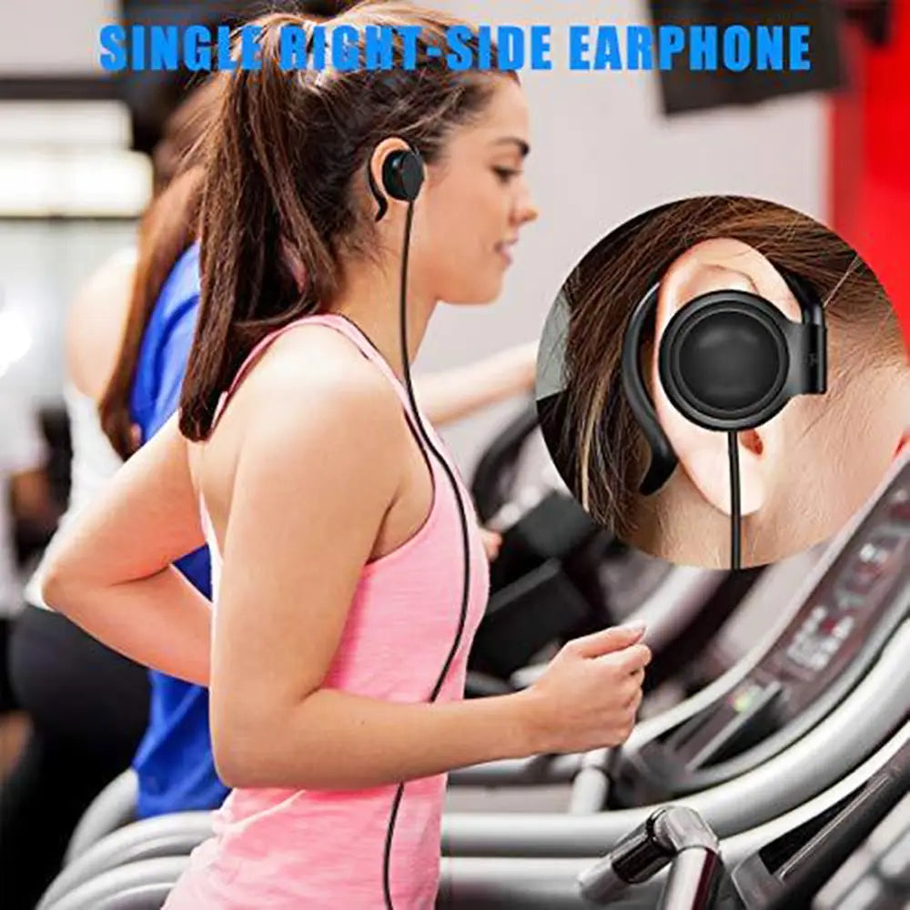 Black single right-side ear hook 3.5mm wired headphone with a sleek ergonomic design for a secure fit during exercise.