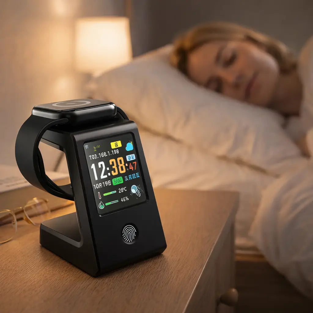 black smartwatch charging stand with wifi weather clock wireless charger desk stand featuring a digital display showing time date weather and health metrics