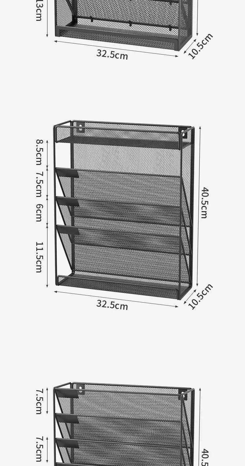 black mesh wall mount file organizer with five slanted compartments and adjustable dividers for efficient document storage